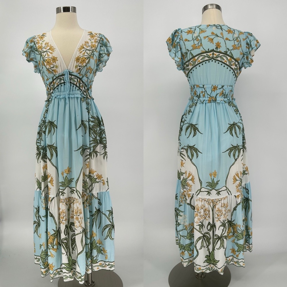 Derek Lam 10 Crosby x RTR Flutter Sleeve V Neck Midi Dress Size 2 Blue Floral